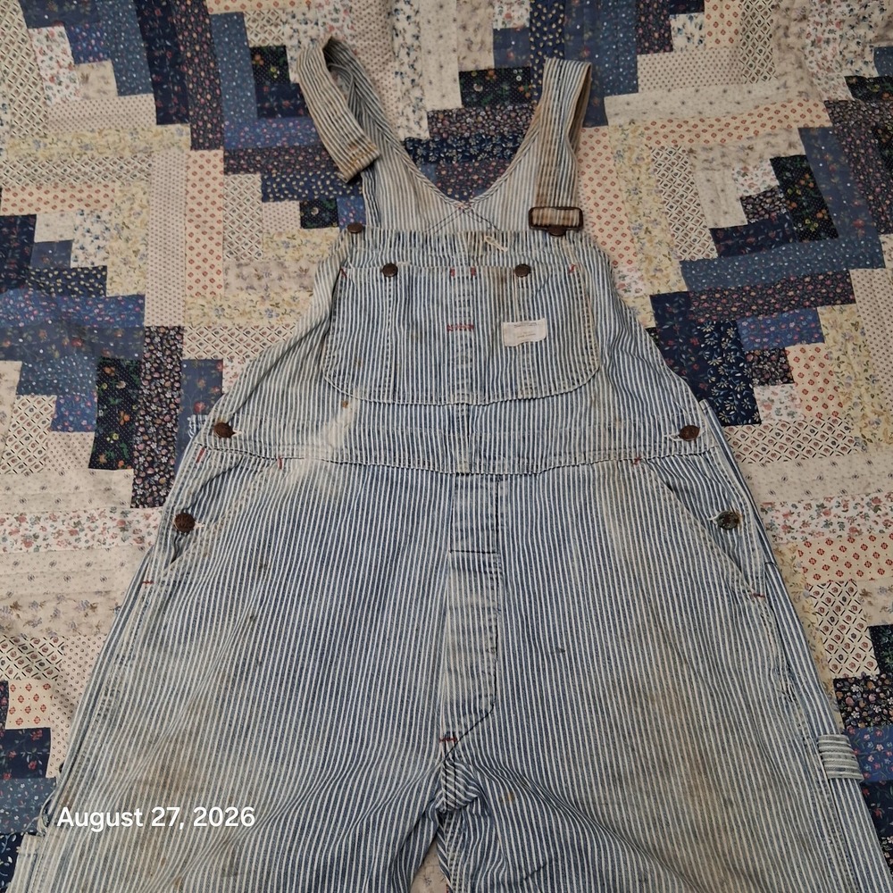 Vintage Big Mac Square Bak Hickory Stripe Bib Overalls Mens 34x30 Donut Button